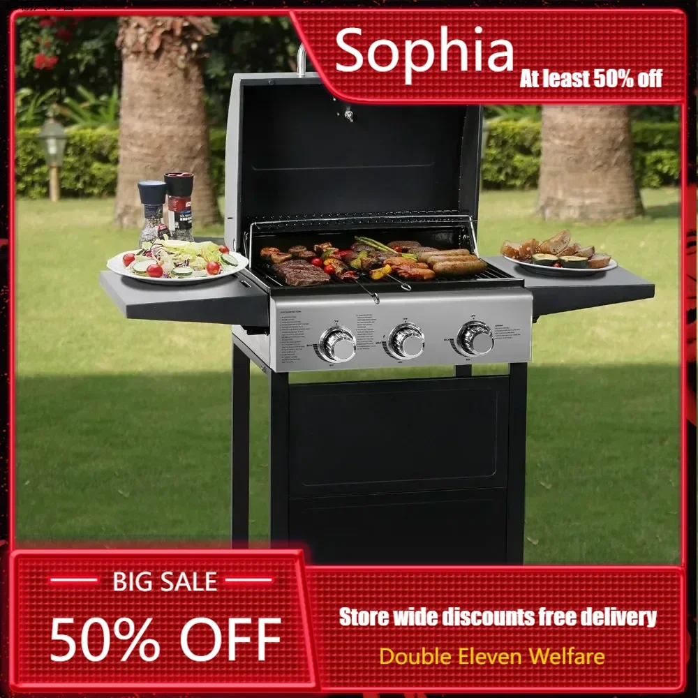 BBQ Grill，Classic Liquid Propane Gas Grill, Stainless Steel Handle, Two Foldable Shelves and Two Heavy Duty Wheel Casters