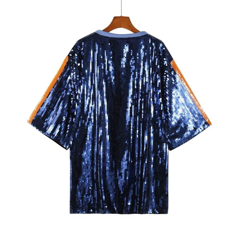 Summer New  Short Sleeve Letter Streetwear Loose Long T-Shirt Sequins Hip Hop Night Club Straight Women's Wear