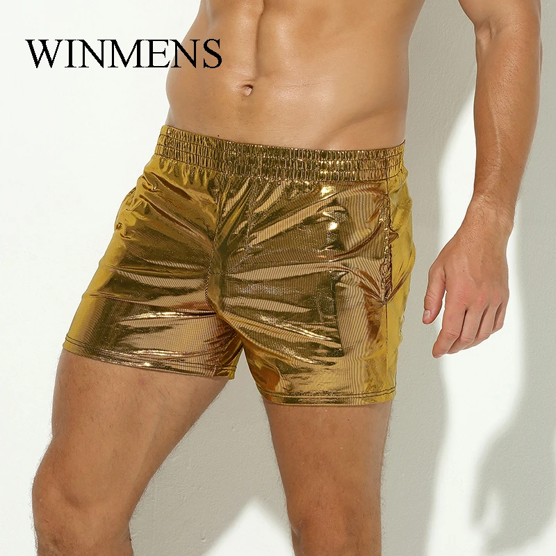 Men's Imitation Leather Boxer Shorts Shiny Elastic Male Stage Show Boxers Sports Panties Funny Costume Underwear Golden Silver