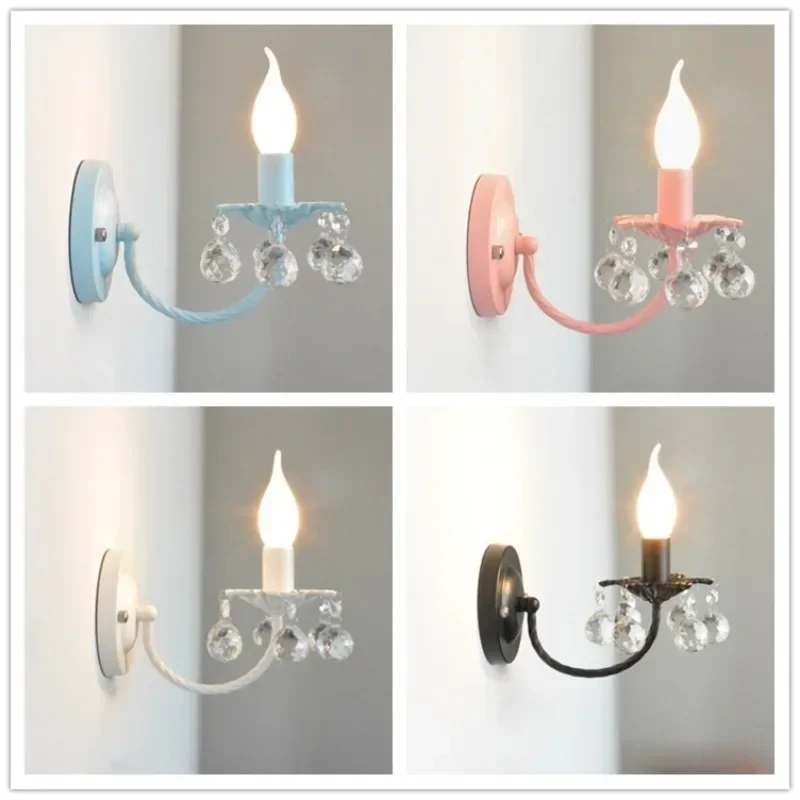 Pastoral pink crystal wall lamp Korean princess room bedroom color room bedside Nordic macaron wall lamp