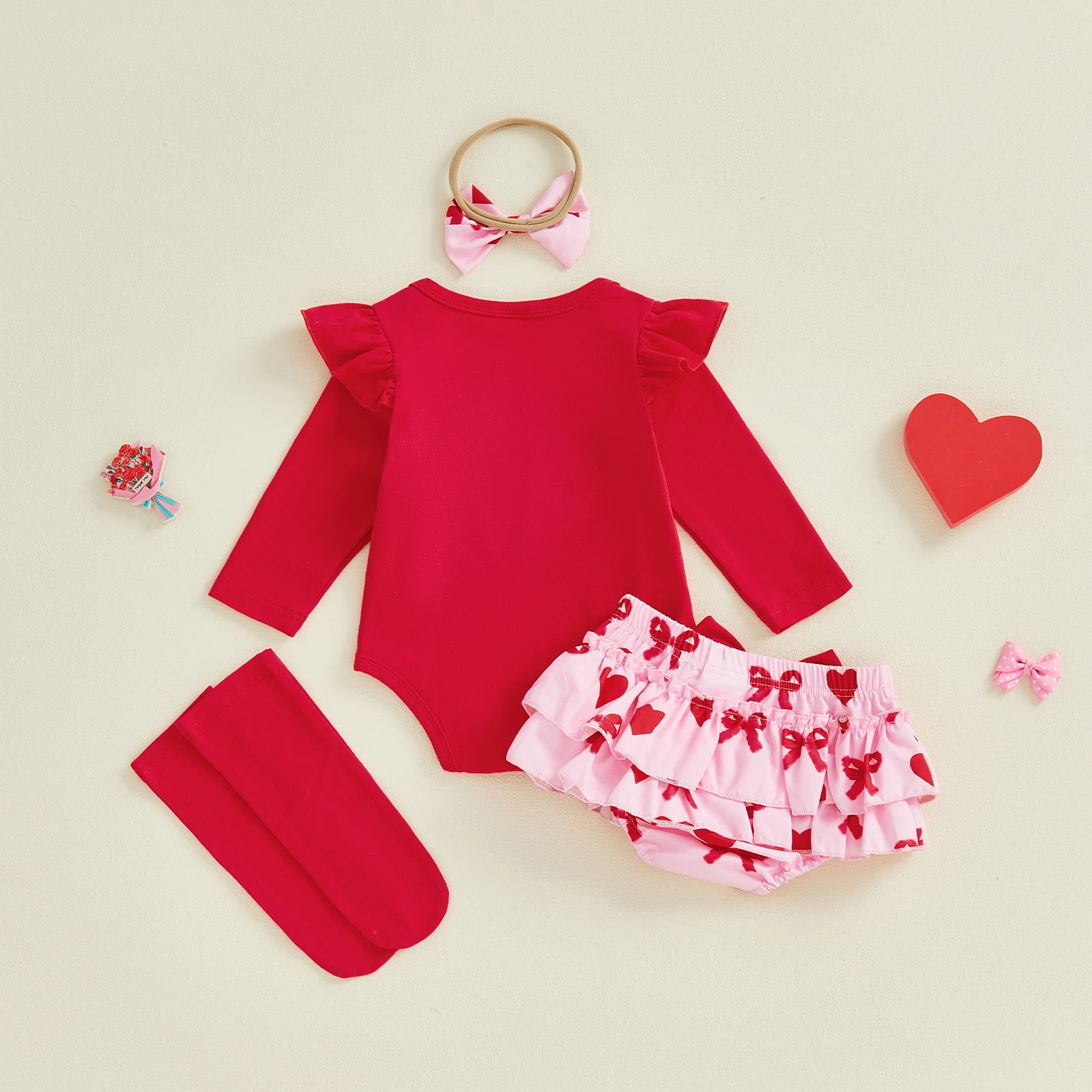 Infant Baby Girl Valentines Day Outfit Fashion Long Sleeve Letters Heart Printed Romper with Ruffle Skort Headband and Stockings