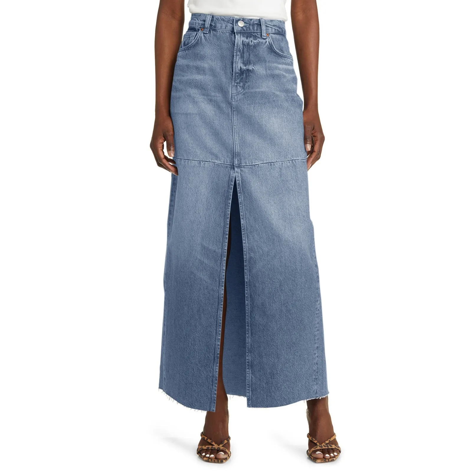 

Casual High Waist Distress Denim Skirt Women Slim Fit High Slit A Line Jean Maxi Skirts Elegant Commute Skirt with Pocket