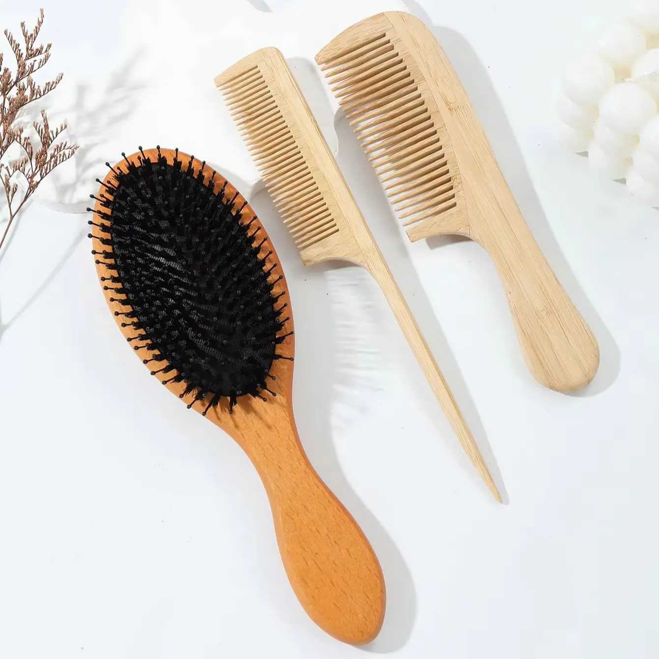 

3pcs natural wooden hair comb set, scalp massage brush and comb, create smooth and shiny hair Special for real hair wigs