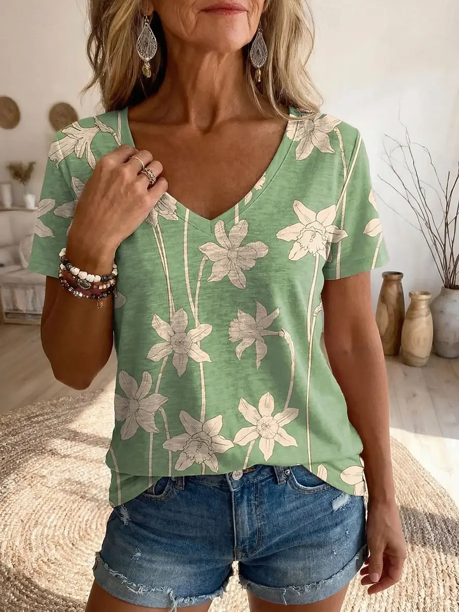 Vintage Patchwork Floral Print Casual T Shirt V Neck Short Sleeve Tee For Women Summer Country And Holiday Outfits