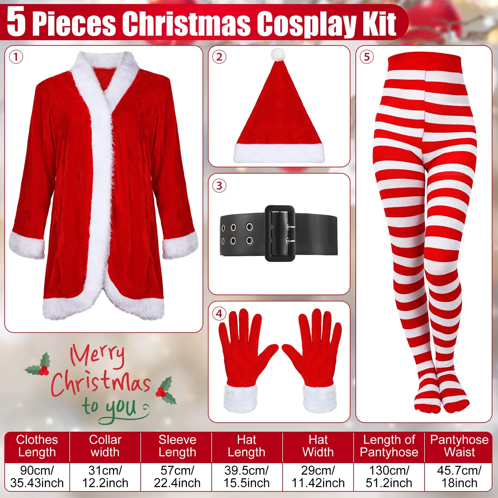 5 Pcs Santa Claus Costume for Women Christmas Suit Including Xmas Dress with Belt, Hat, Striped Tights, Gloves