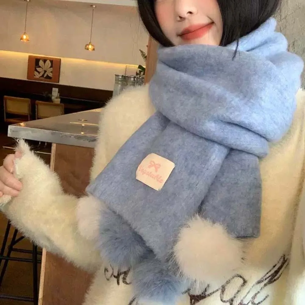 

Большой шерстяной шарф с плюшевым шариком, антихолодный мягкий длинный утолщенный шейный платок с бантом, классический зимний теплый шарф для пары