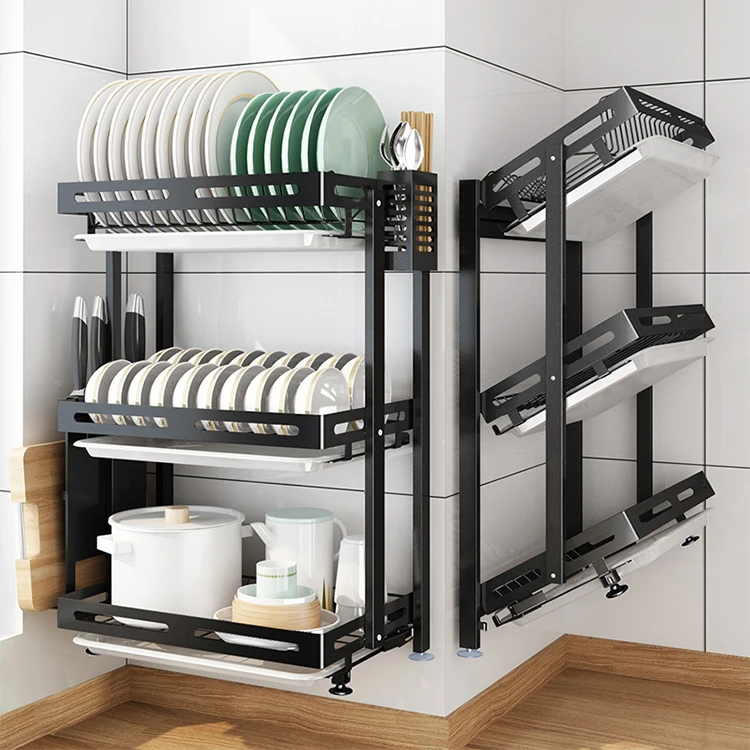 

New No Drilling 3 Tier Wall Hanging Tableware Drain Dry Kitchen Organizer Folding Free Installation Storage Dish Rack