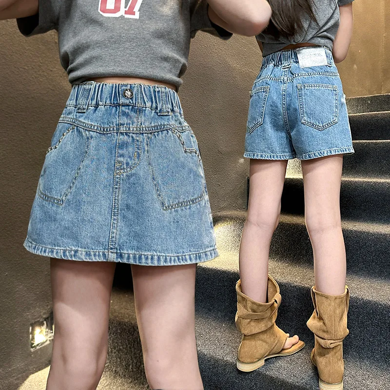 Stylish Kids Children Fashion Heart Pocket Jeans Skirt Shorts for Tween Girls Casual Street Summer Denim Skirt with Shorts 5-14T