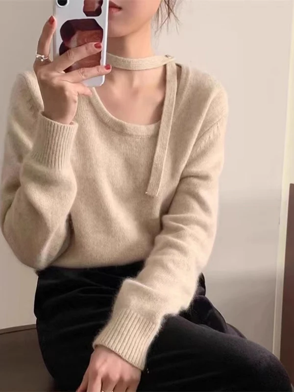 

Бежевый круглый вязаный свитер Ne ort, женский внутренний слой, топ с длинным светом Thi, вязаный дизайн, весна-осень