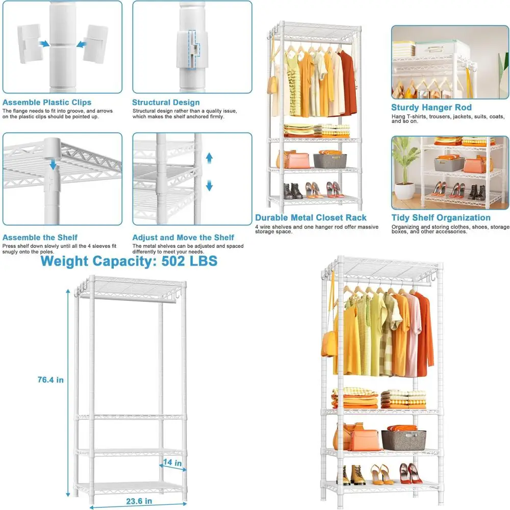 

Portable 4-Tier Metal Clothing Rack, Space-Saving Wardrobe for Bedroom, 23.6W x 14D x 76.4H, Holds 502 lbs, White