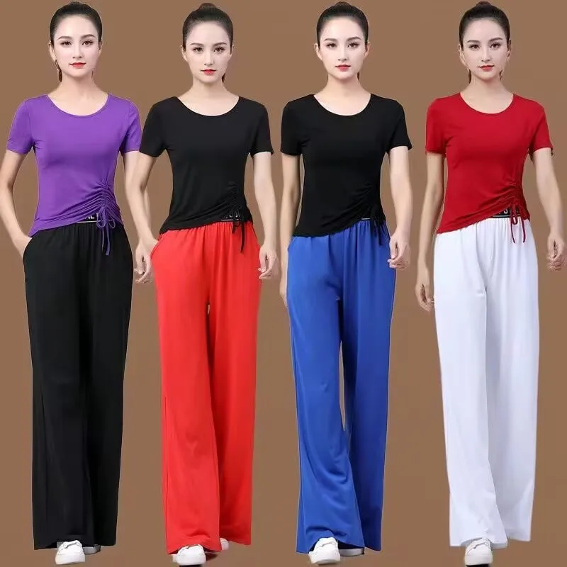 

New 2026 Summer Women's Square Dance Fitness Costume Short Sleeve Fashionable Sportswear Three-acetate Fiber Ethnic Stage Outfit