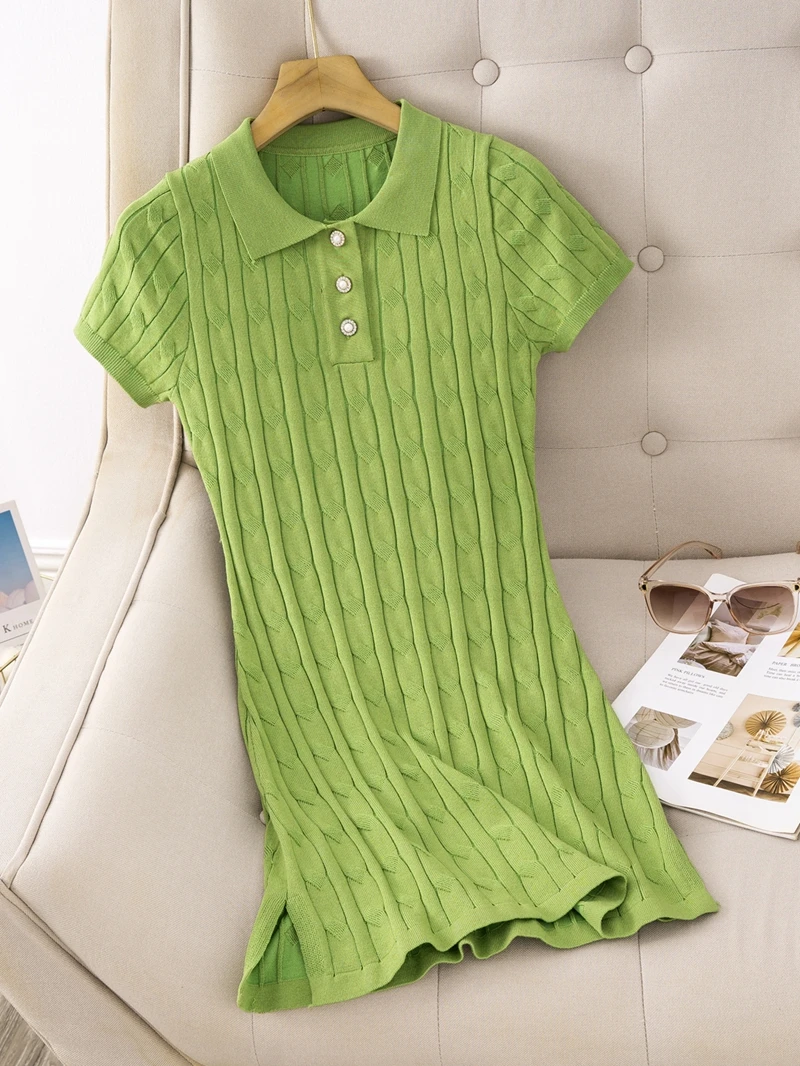 

GIGOGOU Summer POLO Collar Knitted Dress Short Sleeves Chic Hotsweet Slim Sundress Streetwear Y2K Bodycon Midi Dress
