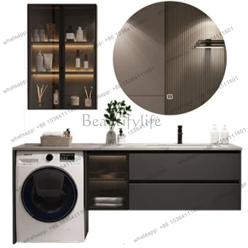 YJ Modern Laundry Cabinet Combo with Sintered Stone Integrated Sink Dark Grey Unit with Round LED Mirror for Balcony & Bathroom