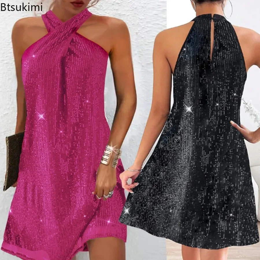 

2025 Women's Sequin Dress Sexy Backless Neck-mounted Glitter Knee-length Dress Ladies Fashion Party Cocktail Elegant Midi Dress