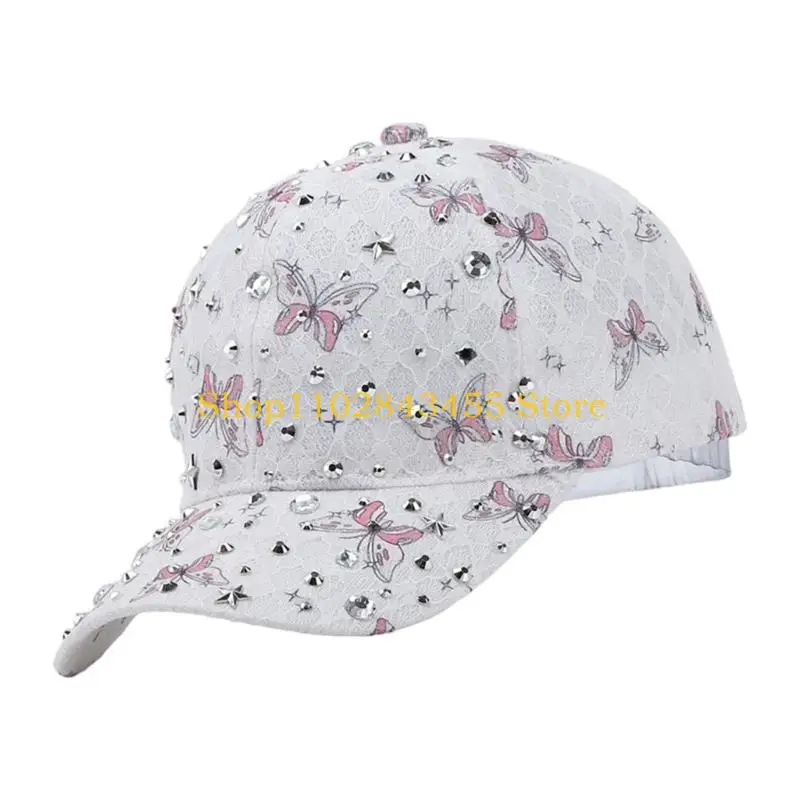 49MC Daily Wear Lace Baseball Cap with Rhinestones Look Accent Adjustable Back and Butterfly Print Sun Hat Styling Travel