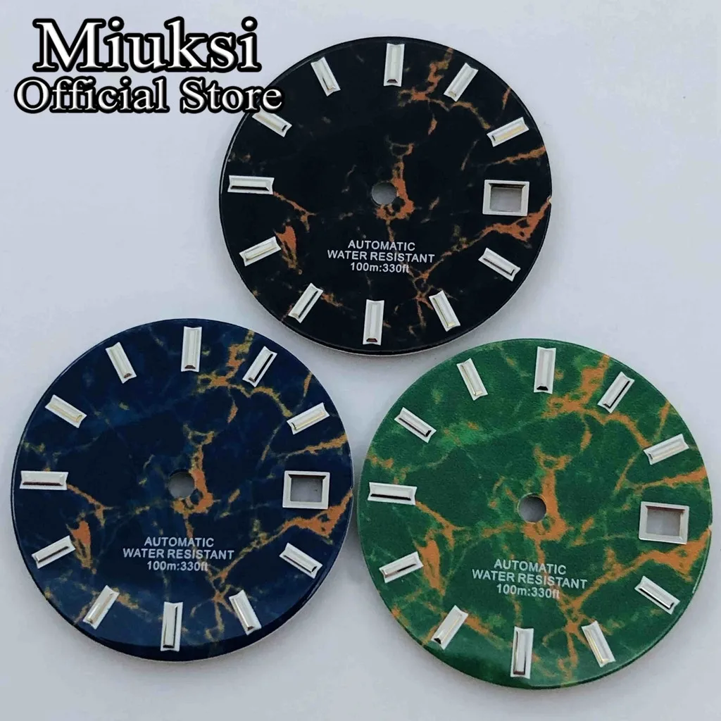 Miuksi 29 mm czarna niebieska zielona tarcza zegarka świecąca pasuje do mechanizmu NH35 NH36 korona o godzinie 3,8