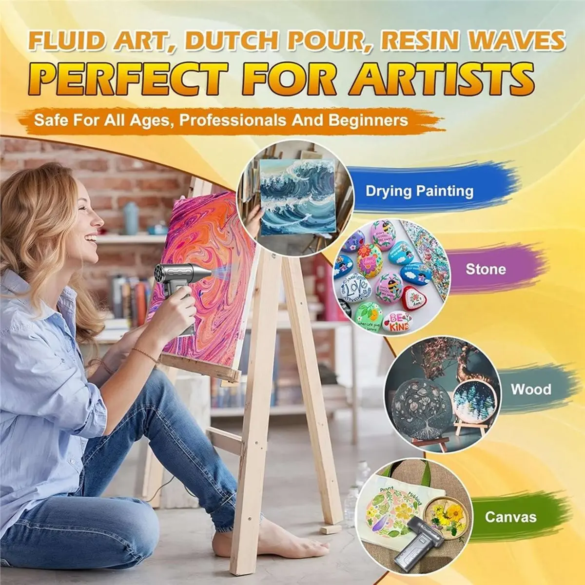 

Беспроводная воздуходувка KSOL для акриловой живописи с 3 насадками, 5-скоростная регулируемая мини-сушилка для жидкой живописи и акриловой росписи