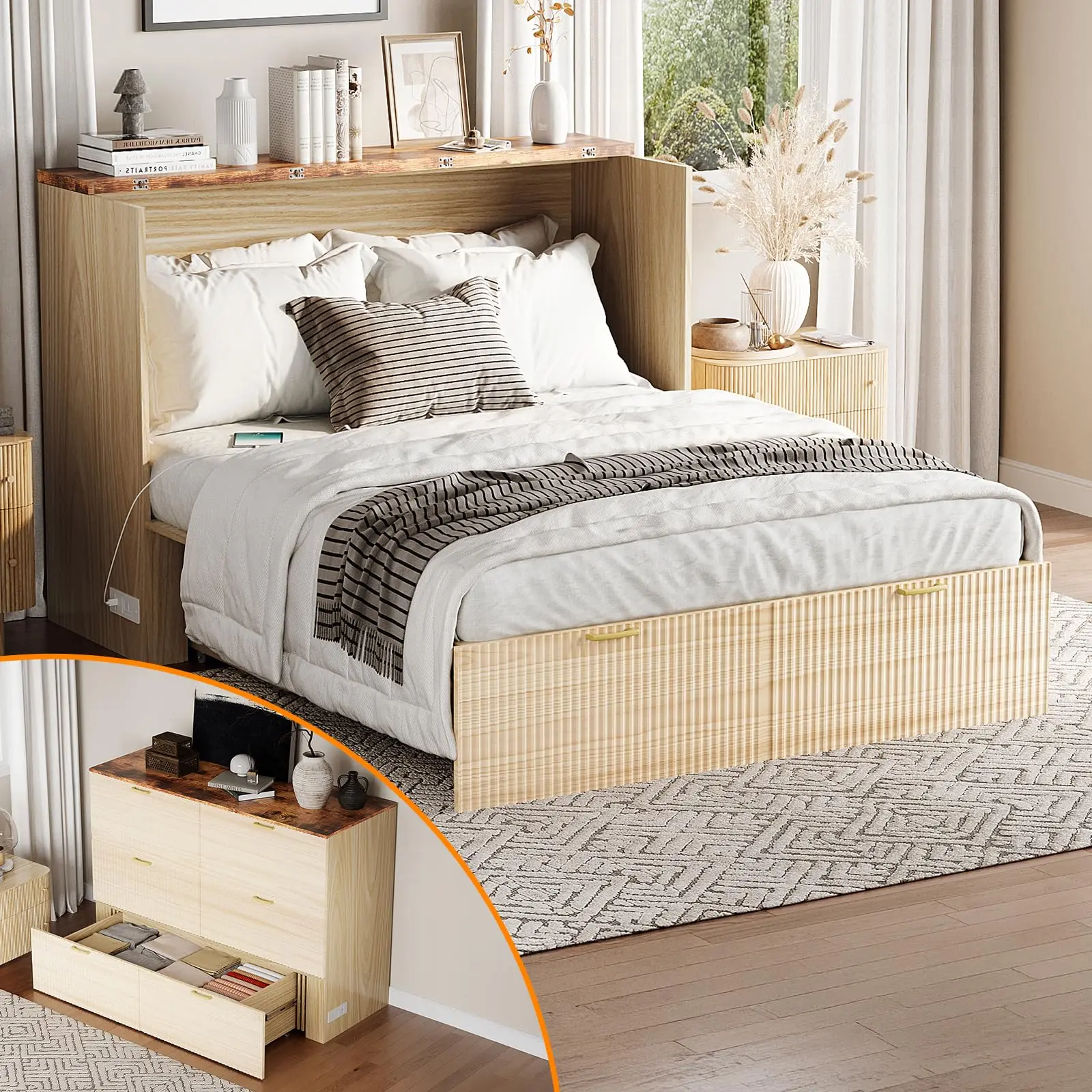 Full Murphy Bed with Storage Drawer,2 Charging Station,Fluted Wooden Foldable Bed Cabinet,Boho,Hideaway Paltform Panel