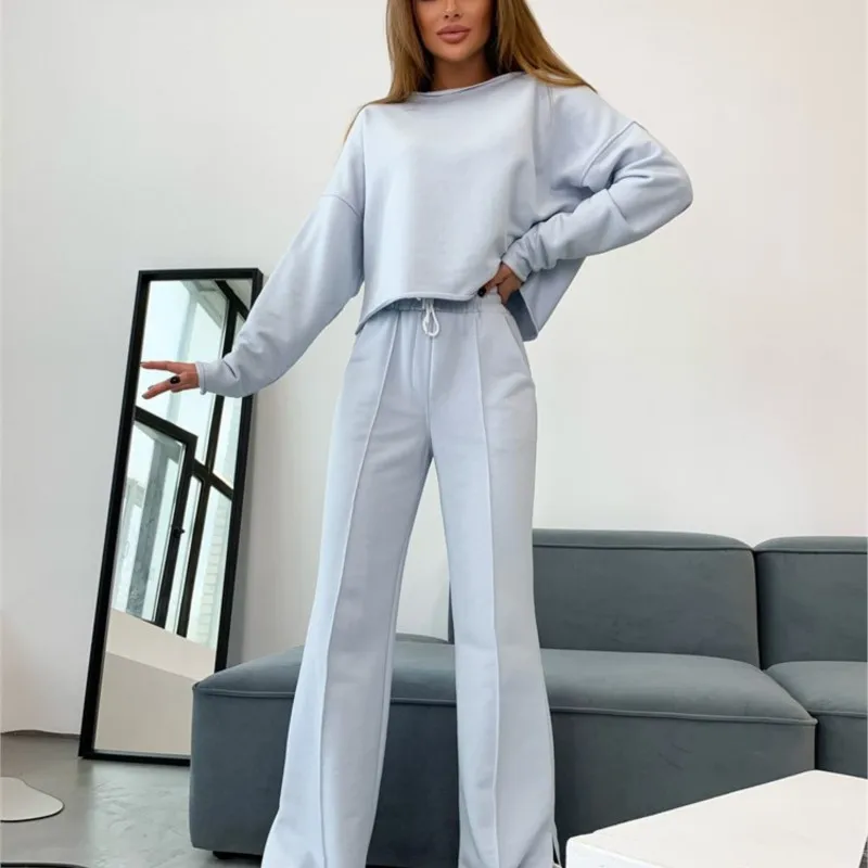 2025 Mode Straatsport Dames Herfstset Casual Effen Kleur Lange mouwen Losse top Hoge taille Wijde pijpen Broek Tweedelige set