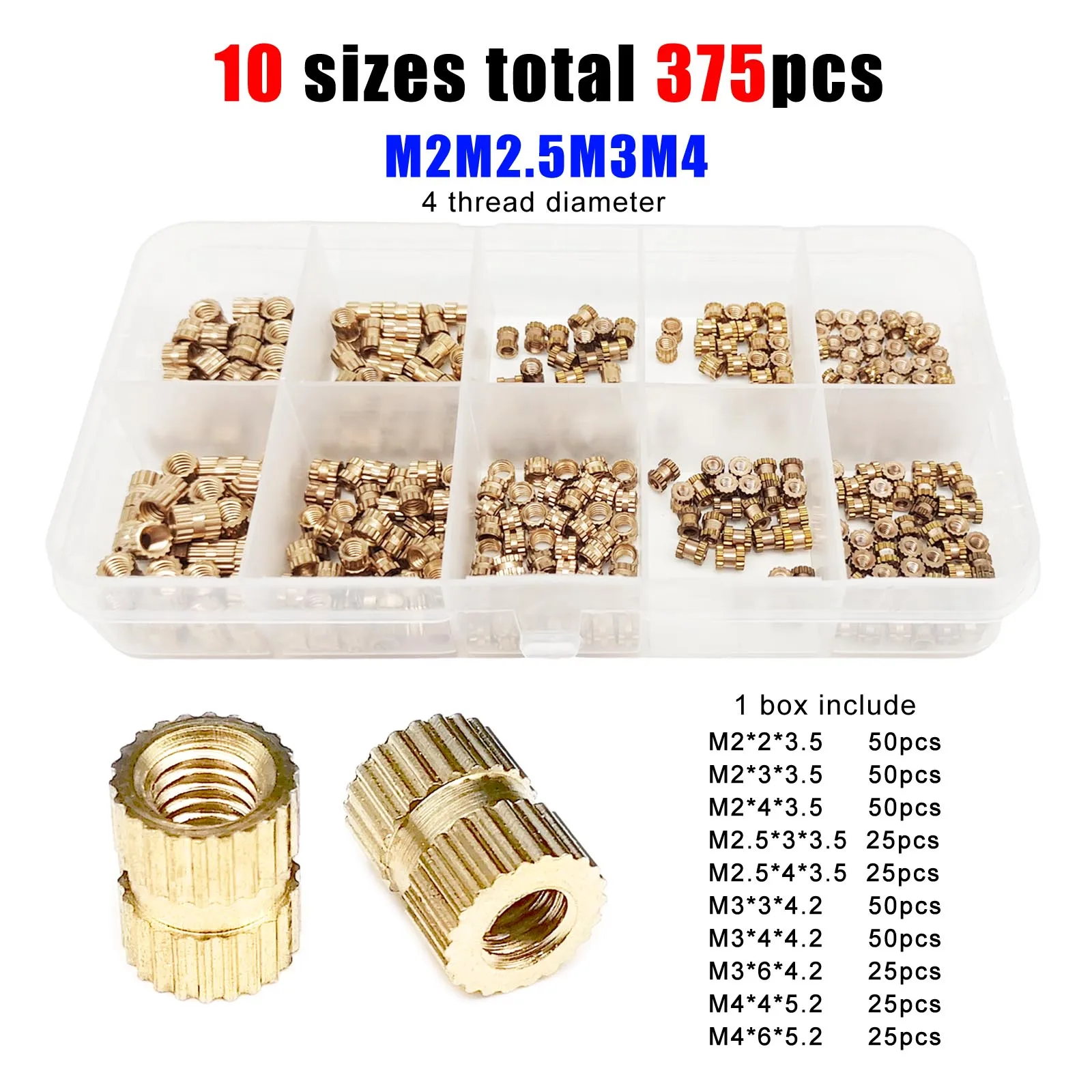375/400pcs Mix 10 Size M2 M2.5 M3 M4 Solid Brass Copper Injection Molding Knurl Insert Nut Embedded Nutsert Assortment Kit Set