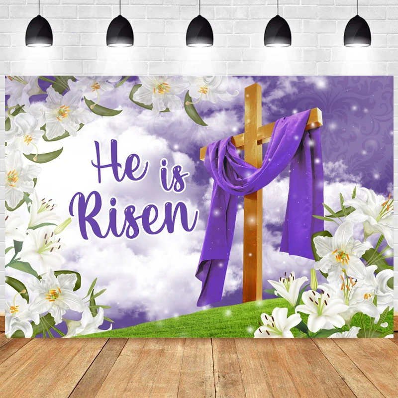 He is Risen Backdrop Cross Jesus Resurrection Wall Banner Happy Easter Spring Flowers Decoration Background for Photography 2024