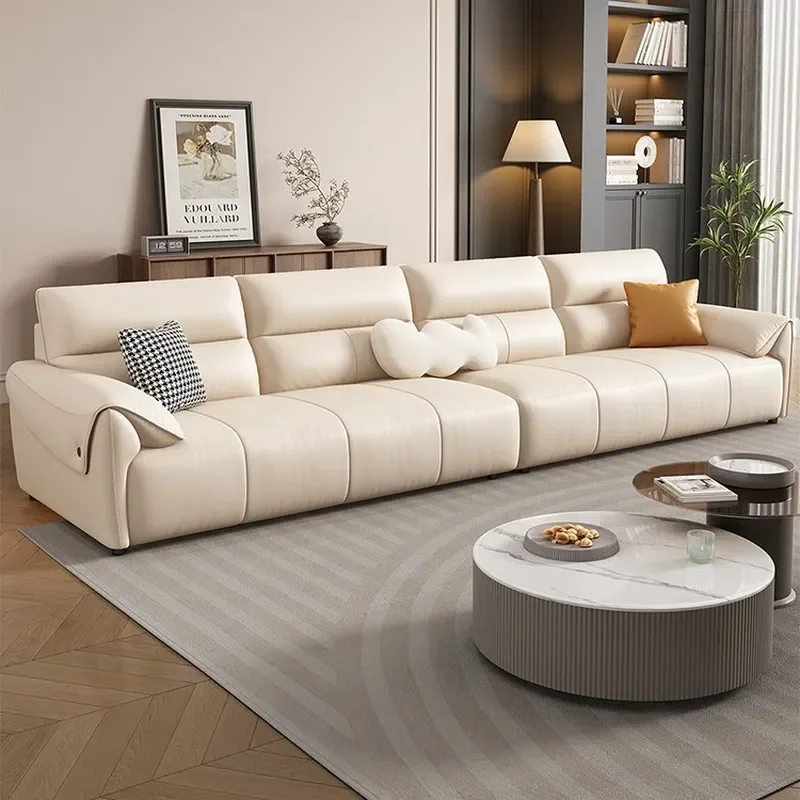 Modern Genuine Leather Sofa 3 Seater Straight Couch Top Grain Cowhide Living Room Furniture Light Luxury Minimalist Design