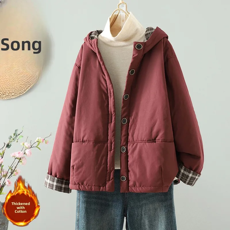 

High Quali Women's Winter Vintage Sle Double Layer Coat with Hooded Cotton Inner Loose Warm Cotton Clothing