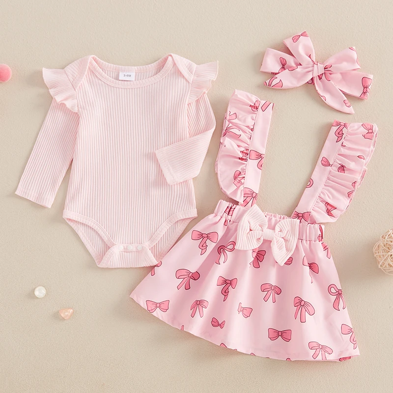 Baby Girls Fall Outfit Long Sleeve Romper and Bow Print Suspender Skirt Cute Headband 3 Piece Clothes