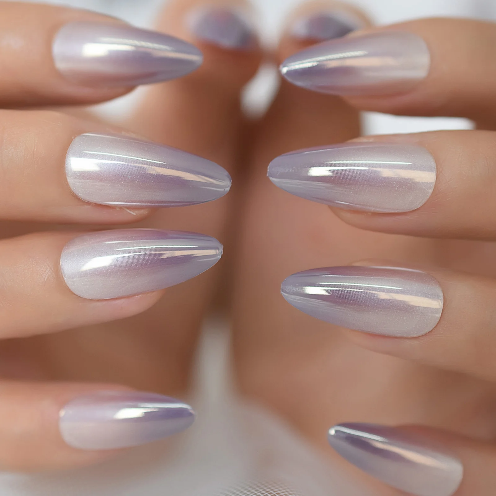 Ombre French Almond Shaped Fake Nail False Nails With Designs Shaped False Nails Chrome Metallic Nails Art 24 Tips