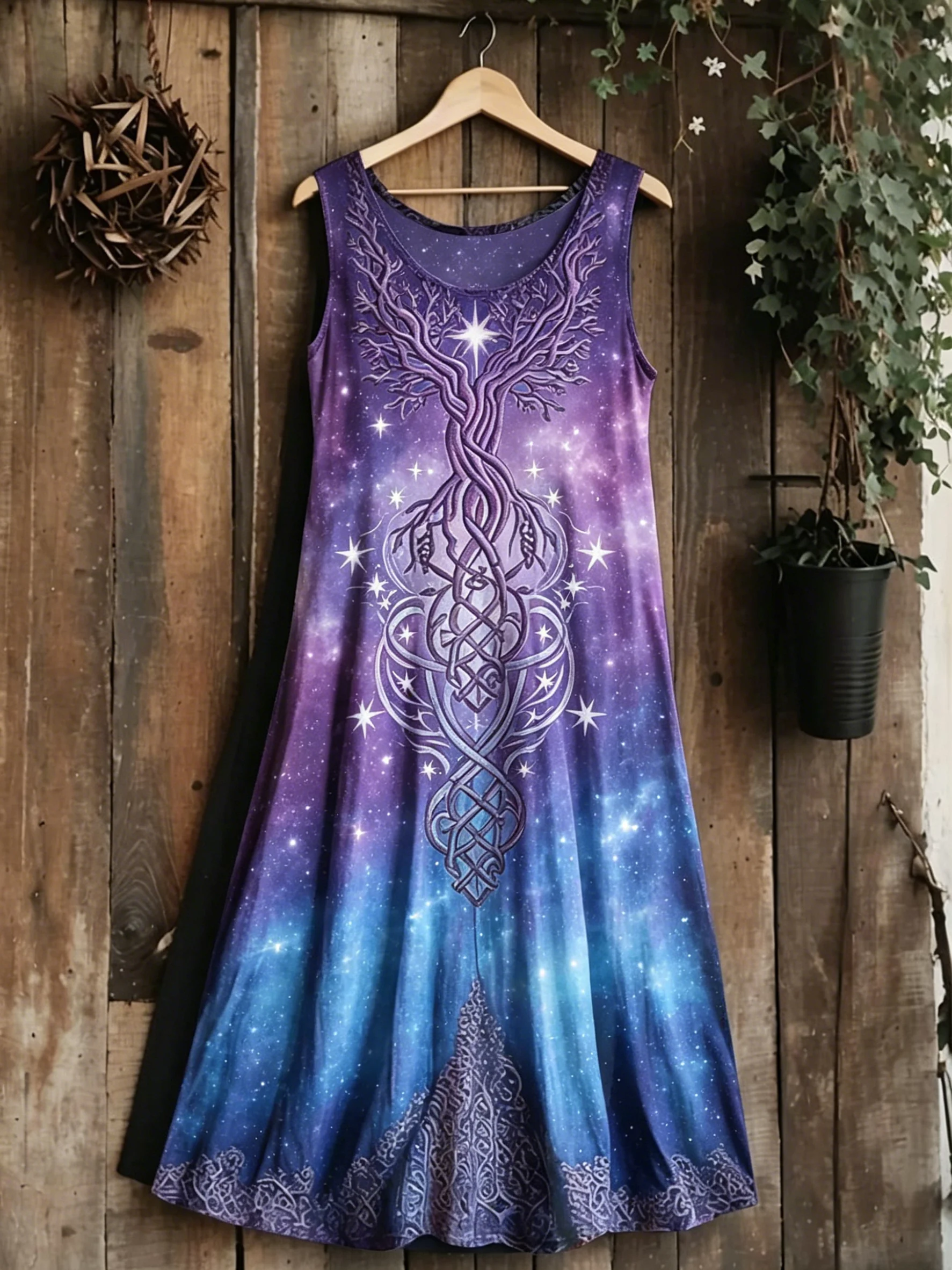 Women's U-Neck Galaxy Tree of Life Celtic Print Sleeveless Bohemian Maxi Dress Casual Beach Vacation Tank Dress Spring Summer