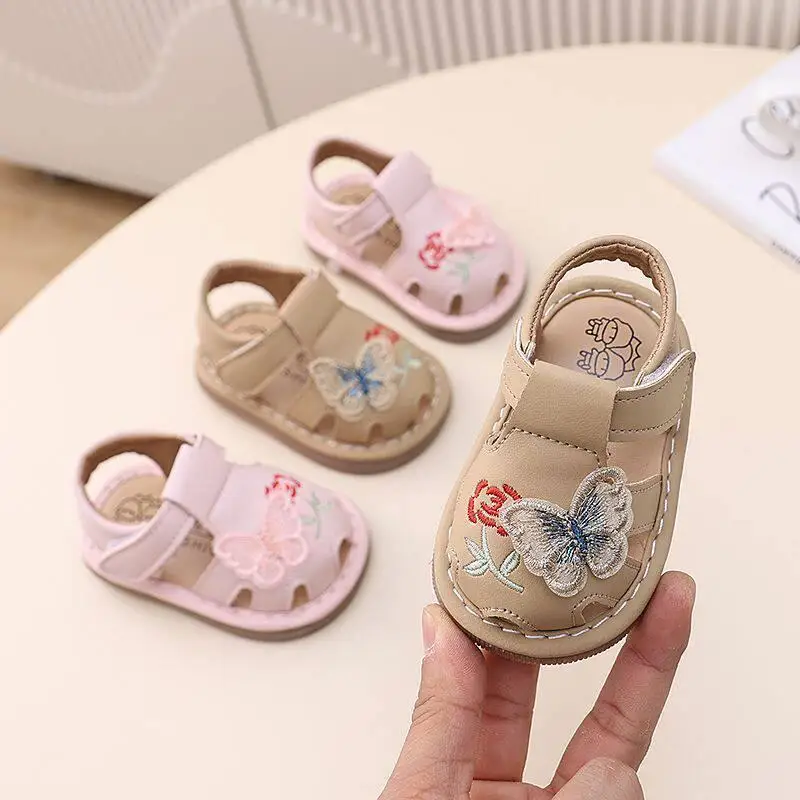 プリンセスサマー通気性幼児用歩行学習シューズ、ソフトボトムヘッドカバーサンダル、0〜2歳女児用アウトドアシューズ