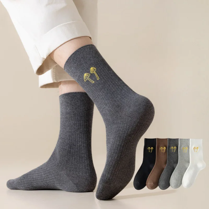 

1 Pair of Men's Long Socks, Solid Color Embroidered Socks, Seasonal Sports Socks, Comfortable and Breathable, Daily Casual Socks
