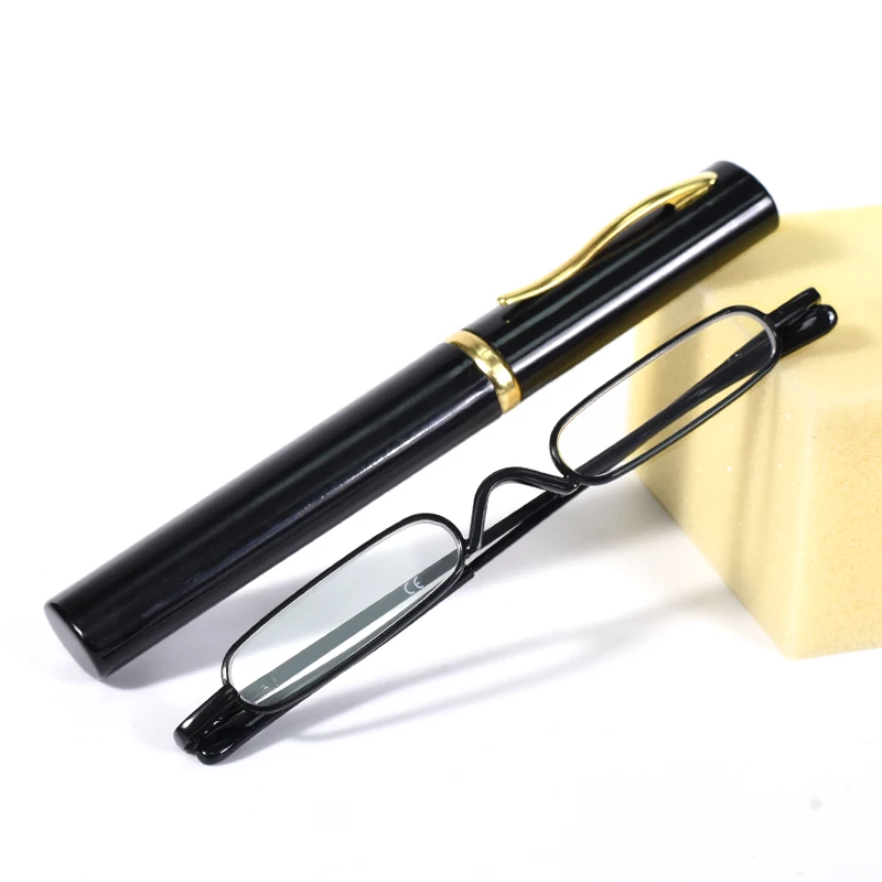 Schwarzer Rahmen, Metallrahmen, Mini-Presbyopie-Brille, für Damen und Herren, Harzlinsen, tragbarer Stifthalter, ultrakleine Lesebrille +1,5 +2