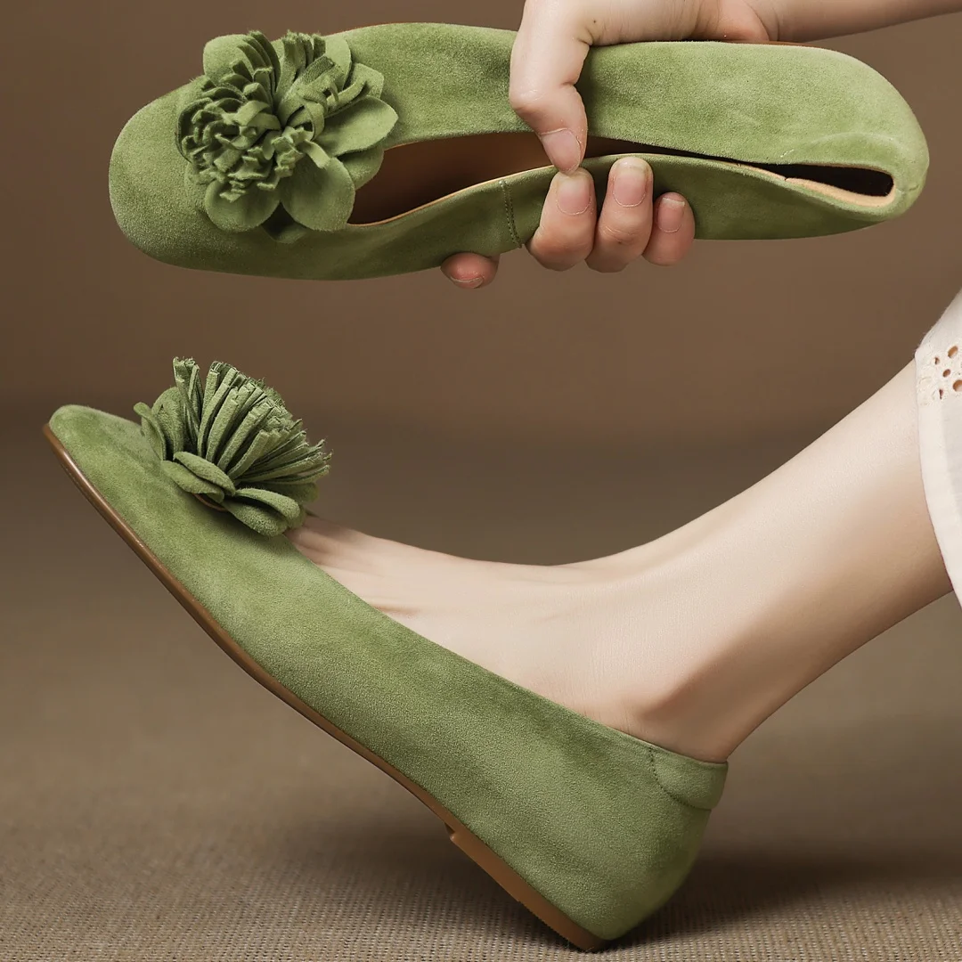 

danxuefei women's natural suede leather round toe flower decoration slip-on ballet flats high quality soft comfort daily shoes