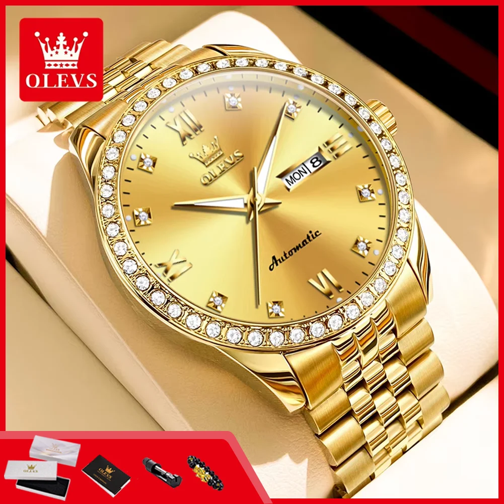 

Мужские часы OLEVS 7012, роскошные, топ-бренд, оригинальный бриллиантовый безель, двойной календарь, водонепроницаемые, светящиеся, автоматические, механические.