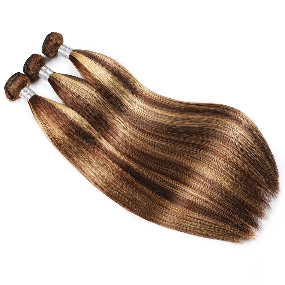 Destaque o cabelo humano reto para mulheres, marrom colorido, pacotes brasileiros do Weave, P4 27, 30 ", 32"