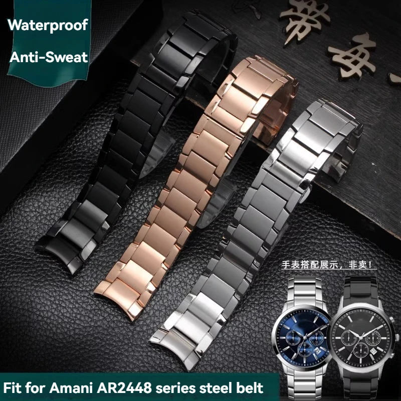 22mm Curved End Solid Stainless Steel Strap for Armani Watch Strap AR2447 AR2448 AR2432 AR2433 AR2434 AR2473 Metal Wristband