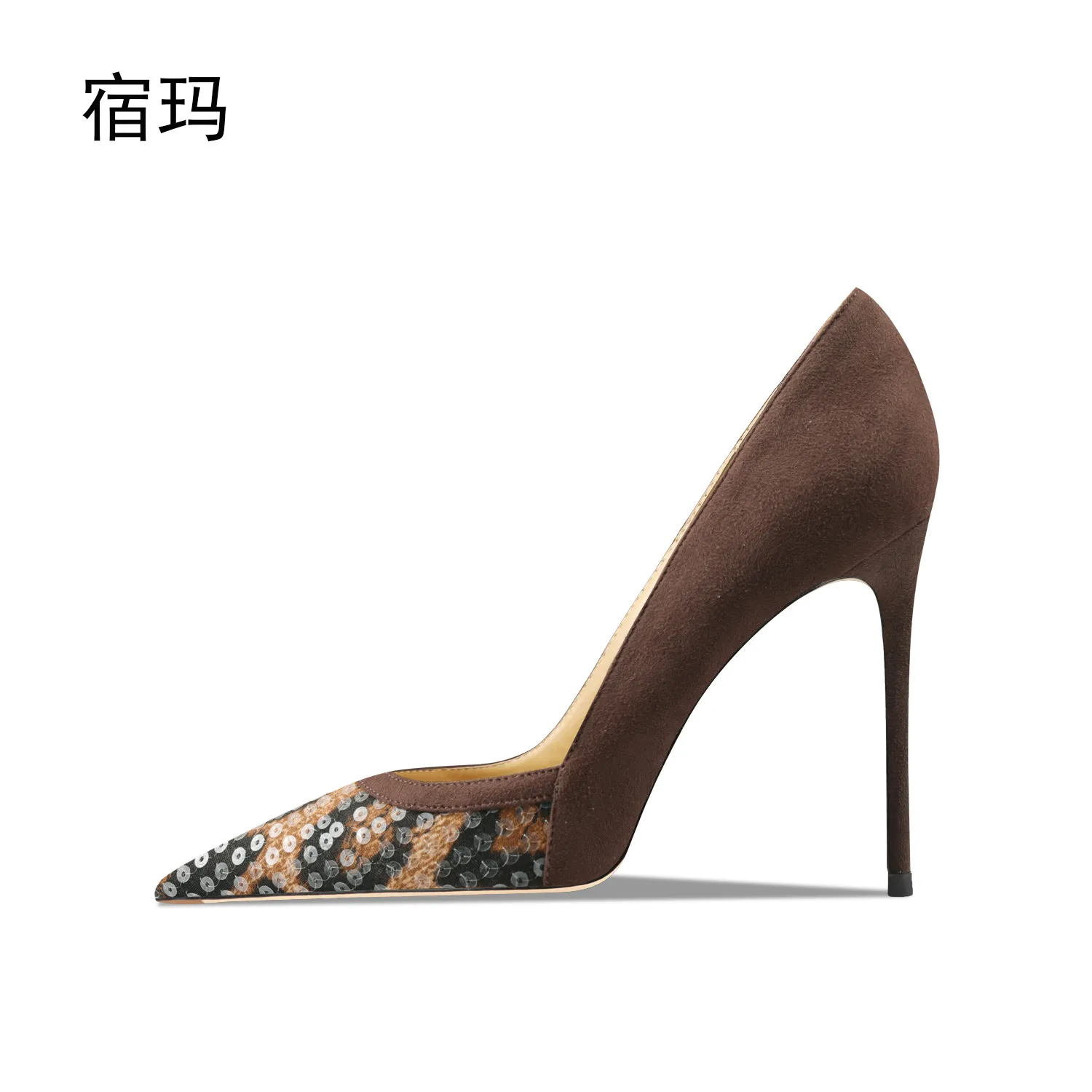 Splicing Sequined Suede High Heels 2026 New Pointed Head Shallow Mouth Stiletto Commuting Breathable Comfortable Single Shoes