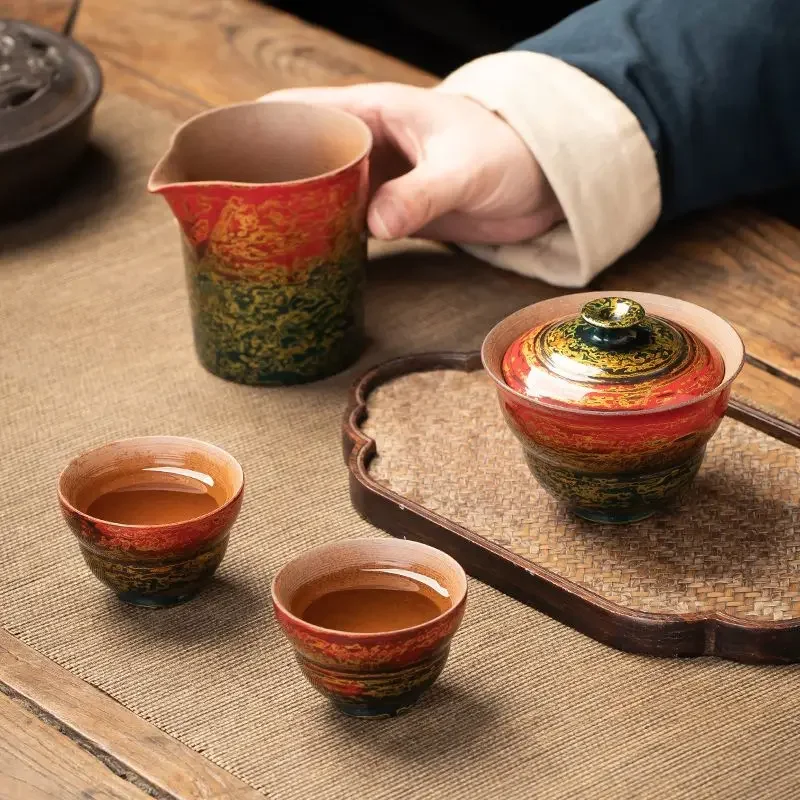 Creative retro Chinese natural handmade Kung Fu tea set thick cover bowl small set