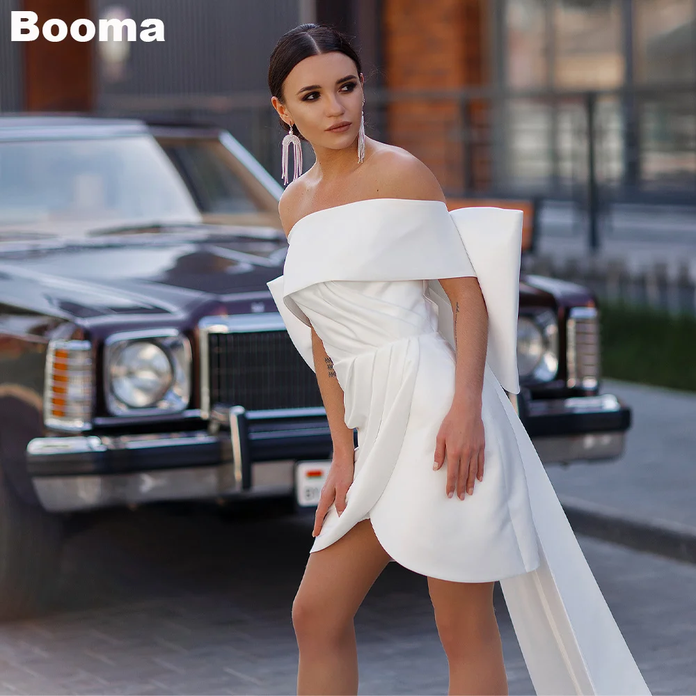 Booma Simple Short Wedding Dresses Boat Neck PLeat Stain Brides Dress for Women Prom Gowns with Big Bow Bridal Party Gown