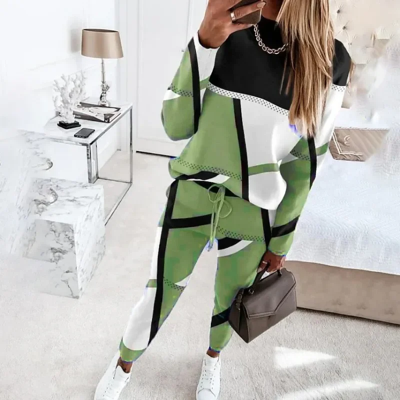 European and American women's 2024 new two-piece set with contrasting printed long sleeved round neck casual fashion set YBF9-3