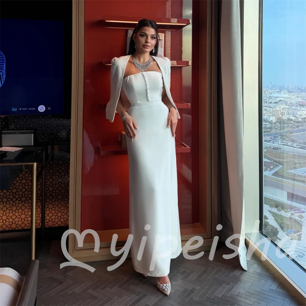 White Exquisite Gentle Two-piece Jersey Shawl Button Straight Strapless Floor-Length Evening Dresses Guest for Woman Customized