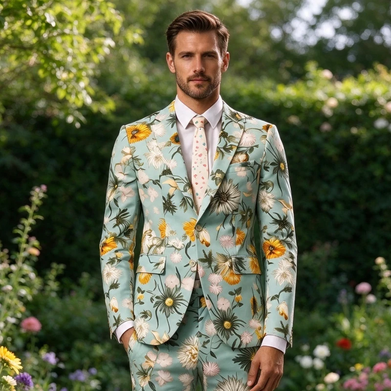 Floral Printed Suit Light Blue Daisy Sunflower Pattern Blazer Pants Set Men Wedding Party Performance Prom Holiday Casual Outfit