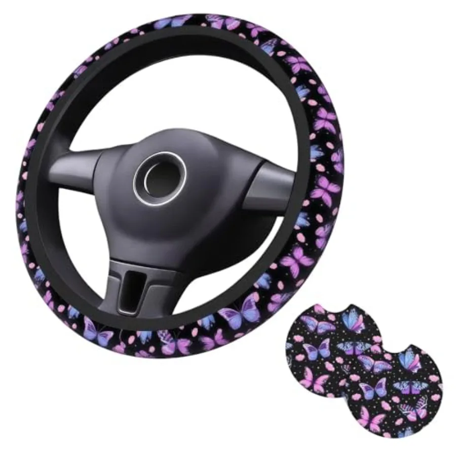 

Purple Butterfly Steering Wheel Cover - Beauty Butterfly Wheel Cover Anti-Slip Breathable Universal for 15 Inch Car Steering Wh