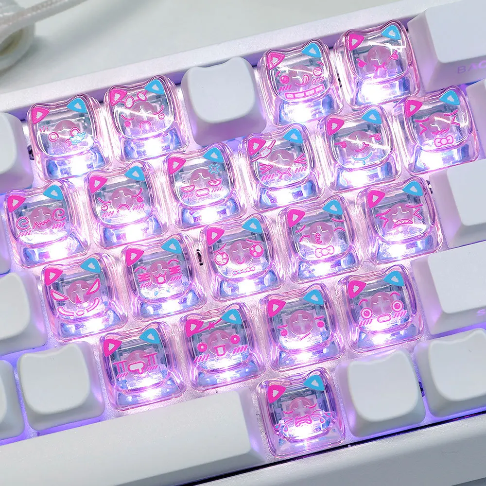 21Key Cute Cat Heart-shaped Transparent Keycaps DIY Keyboard Replacement MAO KeyCap Suitable for MX Axis Mechanical Keyboard