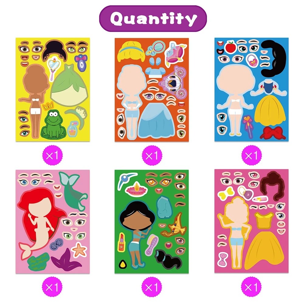 6/12Sheets Cute Disney Princess Puzzle Stickers Children Make a Face Snow White Mermaid Kids Game Jigsaw Party Boys Girls Gift