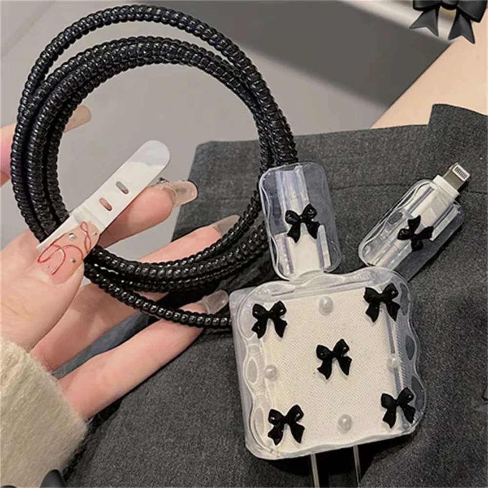 Korea Stylish Black White Bow Charger Cable Protector Cover For iPhone 16E 16 15 14 13 11 12 18W 20W Cord Winder Protective 2025