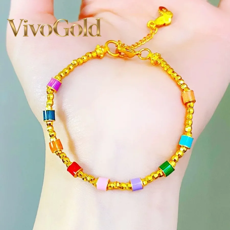 

VivoGoldNew Chinese 9999 24K real gold burnt blue enamel Bundy Bead Rainbow bracelet diy female transfer bead bracelet gift