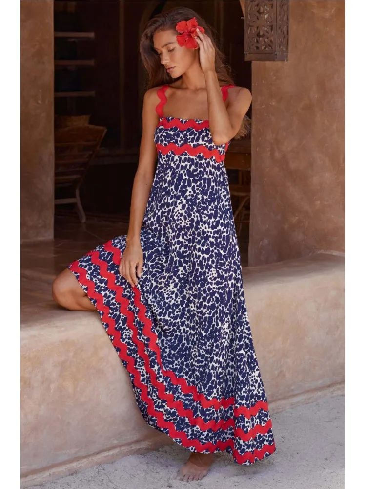 Summer Spaghetti Strap Print Long Dress For Women 2024 Sexy Slash Neck Boho Beach Holiday Maxi Dresses Female Casual Sundress