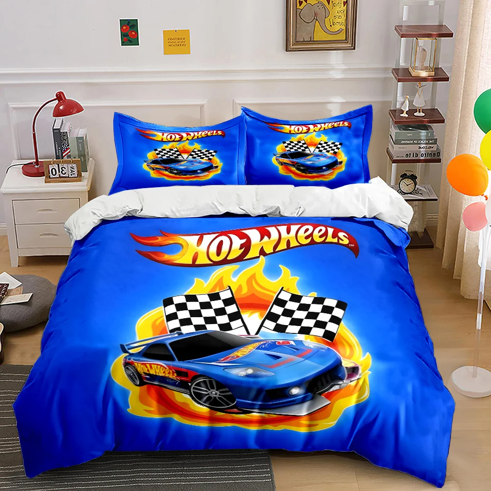 Multiple Sizes H0t  W-Wheels Cartoon Printed Bedding Set for Kids 1 Duvet Cover 2 Pillowcases Boys Girls Children Luxury Gifts